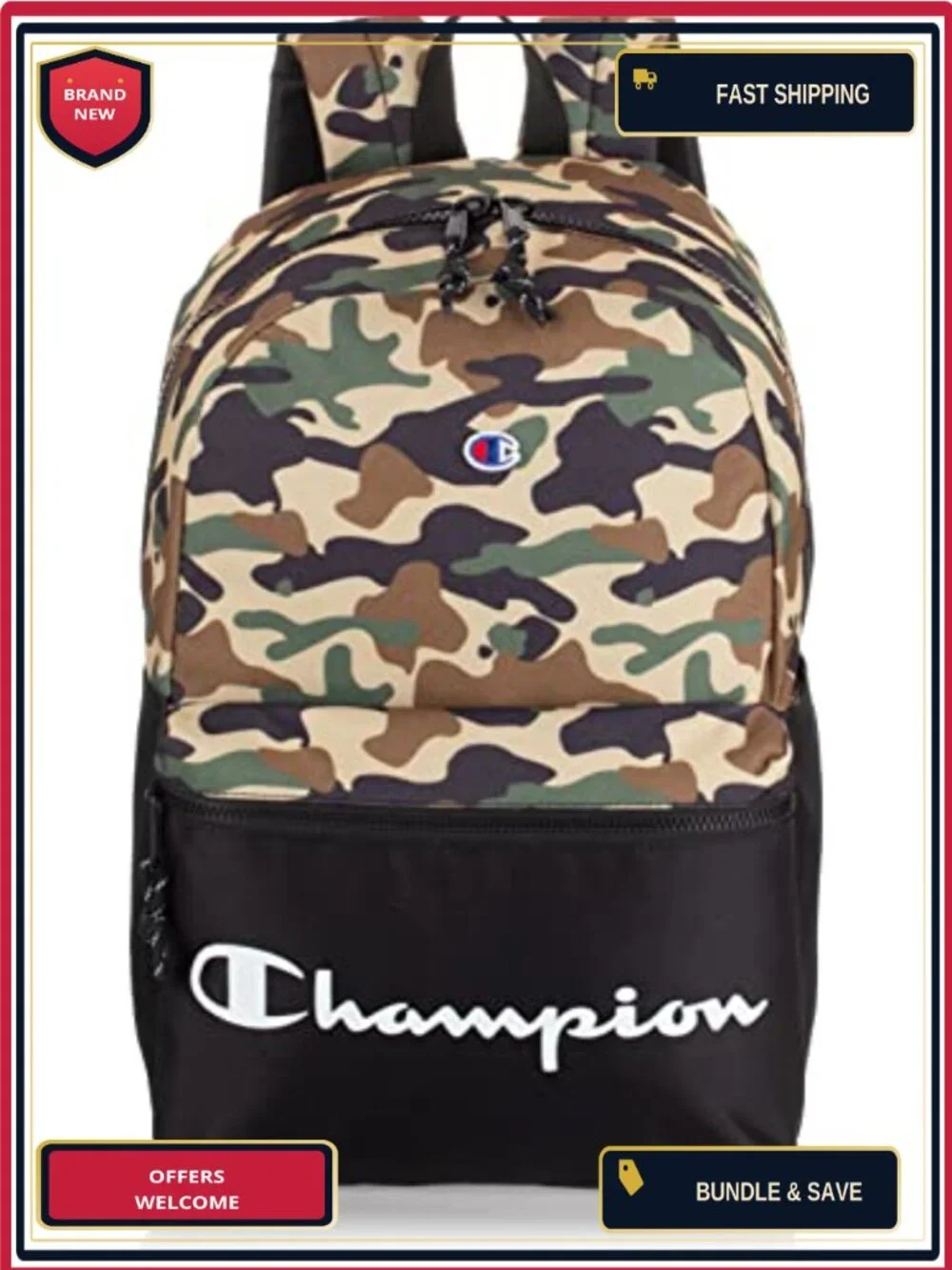 Champion Manuscript Backpack Polyester Laptop Compartment Water Bottle Pocket